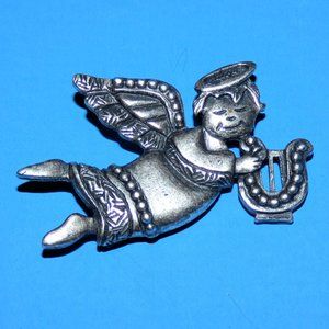 Vintage Signed NEWPRO Angel with Harp Brooch Pin Wings Halo Silver Tone